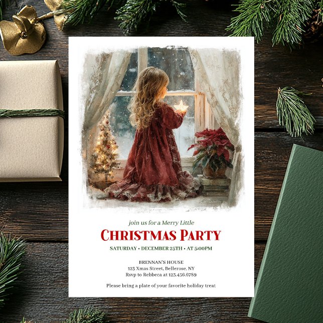 Convites Dreamy girl awaits Santa printable holiday invite (Dreamy girl awaits Santa printable holiday invitation)