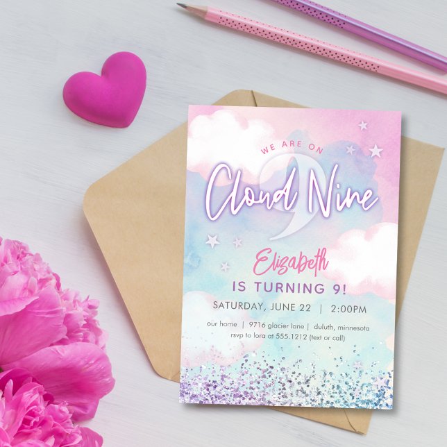 Convites Dreamy Girly Na Nuvem Nove Nove Aniversário (Criador carregado)