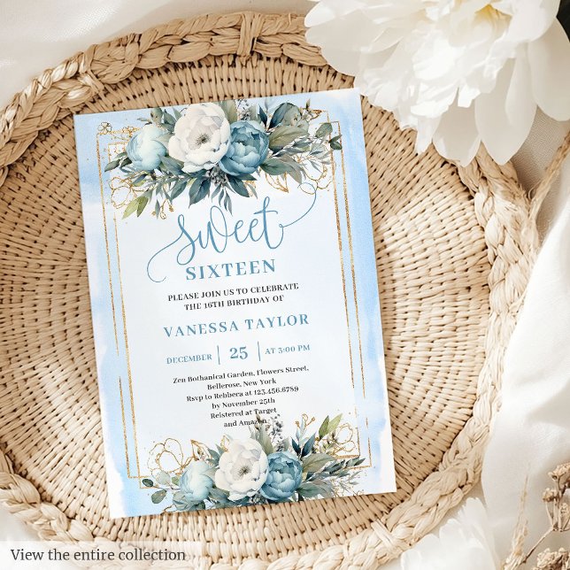 Convites Dreamy Pastel Blue Floral Sweet Dezesseis 16 (Dreamy Pastel Blue White Floral Sweet 16 Invitation)