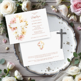 Convites Dreamy Pink Shades Floral Cross-Shape Baptism
