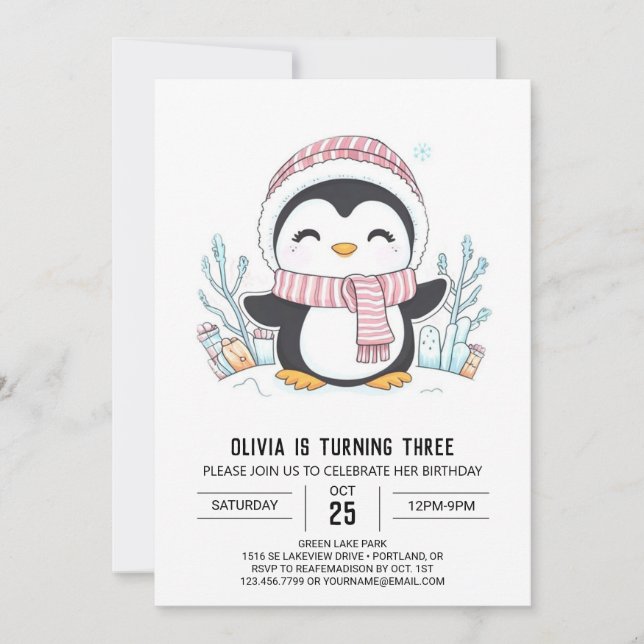 Convites Dreamy Snowflake Penguin Digital Birthday (Frente)