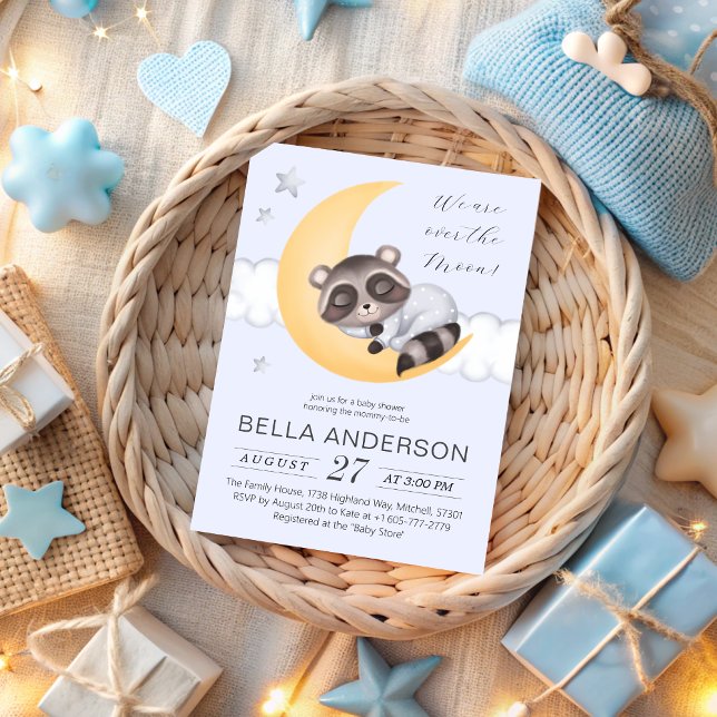 Convites Dreamy sobre o Chá de fraldas Moon Raccoon Boy (Dreamy Over the Moon Raccoon Boy Baby Shower Invitation)