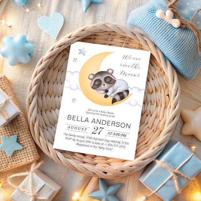 Convites Dreamy sobre o Chá de fraldas Moon Raccoon Boy (Dreamy Over the Moon Raccoon Boy Baby Shower Invitation)
