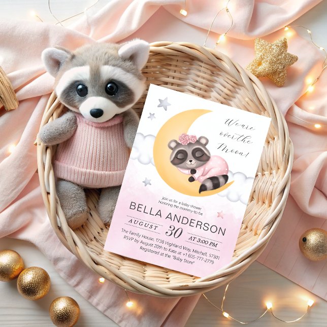 Convites Dreamy sobre o Chá de fraldas Moon Raccoon Girl (Dreamy Over the Moon Raccoon Girl Baby Shower Invitation)