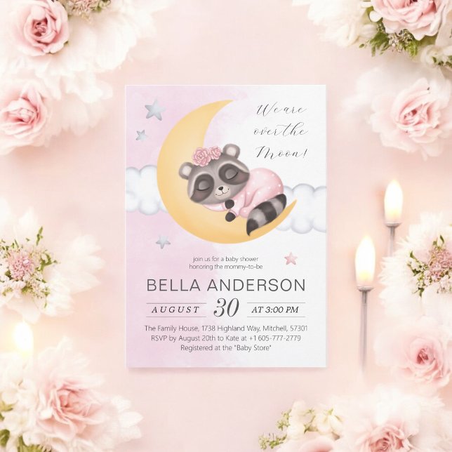 Convites Dreamy sobre o Chá de fraldas Moon Raccoon Girl (Dreamy Over the Moon Raccoon Girl Baby Shower Invitation)