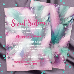 Convites Dreamy Soft Pastel Feather Sweet 16 Aniversário