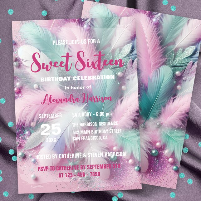 Convites Dreamy Soft Pastel Feather Sweet 16 Aniversário (Criador carregado)