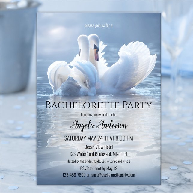Convites Dreamy Swan Lake Festa de solteira (Elegant bachelorette party invitation featuring two swans in love on a hazy sunlit lake)