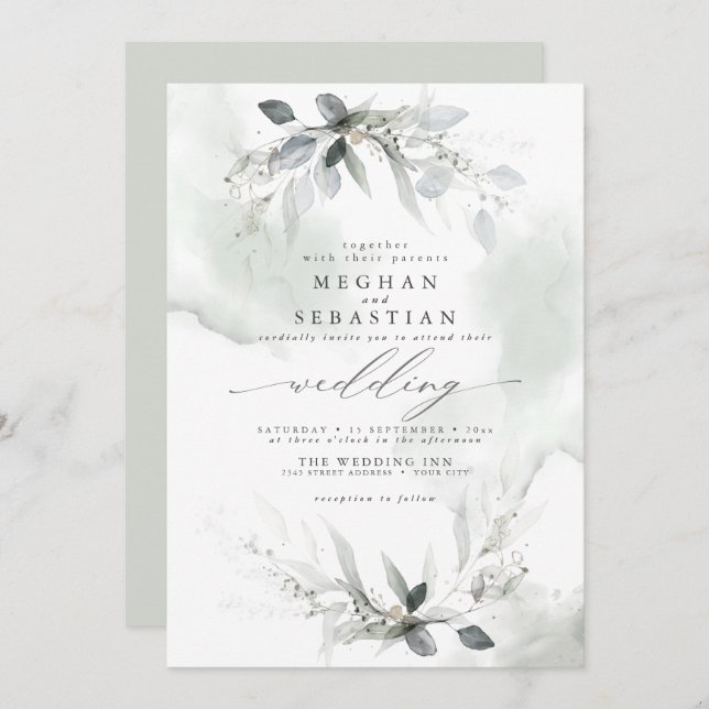 Convites Dreamy Wedding Watercolor Greenery (Frente/Verso)