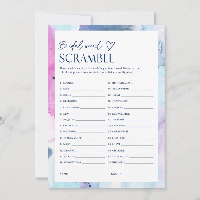 Convites Dreamy Word Scramble Bridal Party Game Card (Frente)
