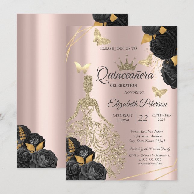 Convites Dress,Butterfly Black Roses Rose Gold Quinceañera (Frente/Verso)