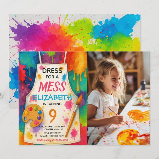 Convites Dress for a Mess Art Party Birthday Photo (Frente/Verso)