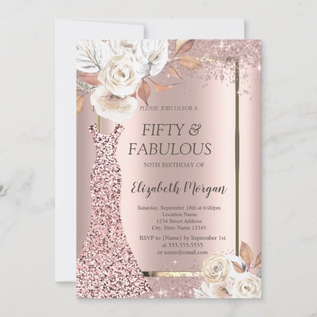 Convites Dress Glitter Confetti Autumn Flowers 50th (Frente)
