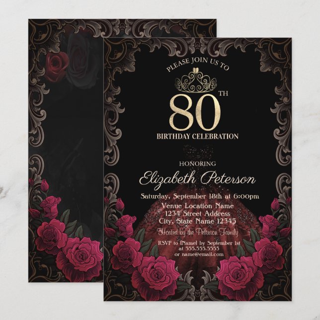 Convites  Dress,Tiara,Red Roses Gothic Frame 80th Birthday (Frente/Verso)