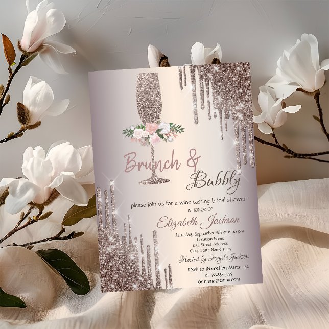 Convites Drips Brunch & Bubbly Rose Gold Chá de Noiva (Criador carregado)