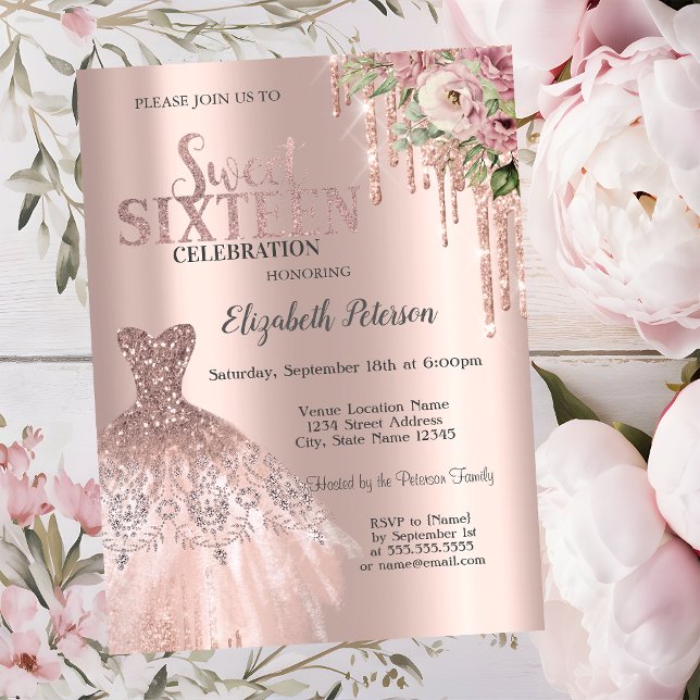 Convites Drips de Brilho em Dourado Rosa, Flores no Vestido (Criador carregado)