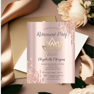 Convites Drips de Brilho em Dourado Rosa Lotus de Aposentad
