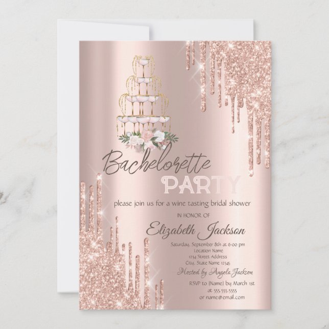 Convites  Drips Flowers,Champagne Glass Bachelorette Party (Frente)