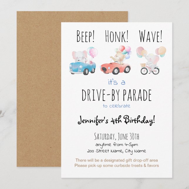 Convites Drive by Birthday Parade (Frente/Verso)