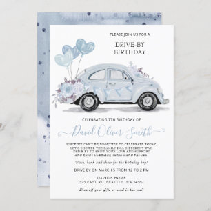 Convites Drive by Birthday Watercolor Floral Blue Car