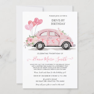 Convites Drive by Birthday Watercolor Floral Pink Car