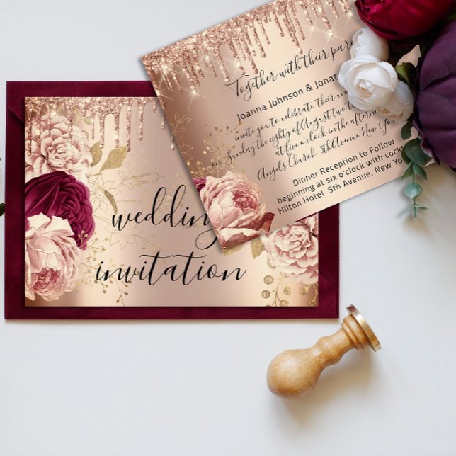 Convites Drives Marsala Rosas Dourados de Casamento de Rosa (Drips Marsala Wedding Rose Gold Roses Invitation)