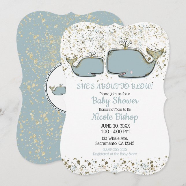 Convites Duas Baleias Marinhas Azul & Dourado Boutique Baby (Frente/Verso)