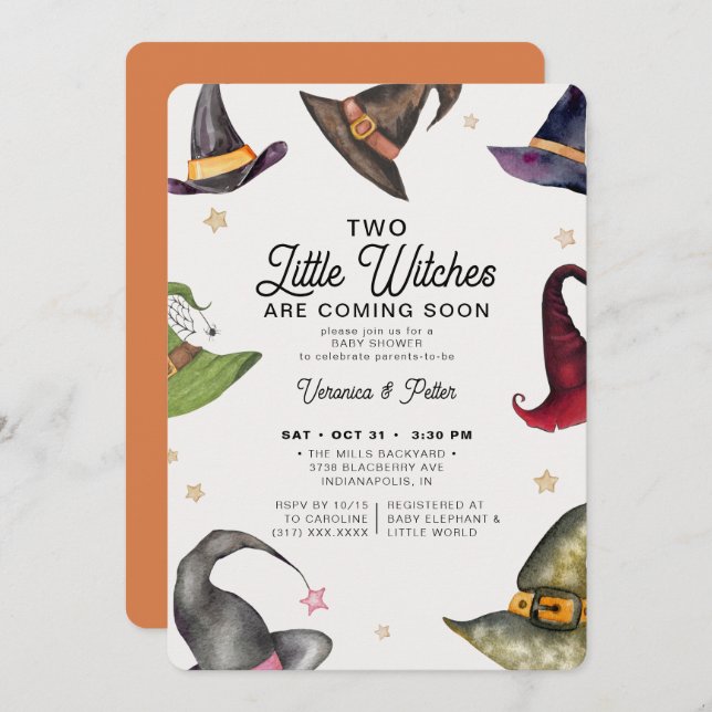 Convites Duas Bruxas Gêmeas Chá de fraldas de Halloween (Frente/Verso)