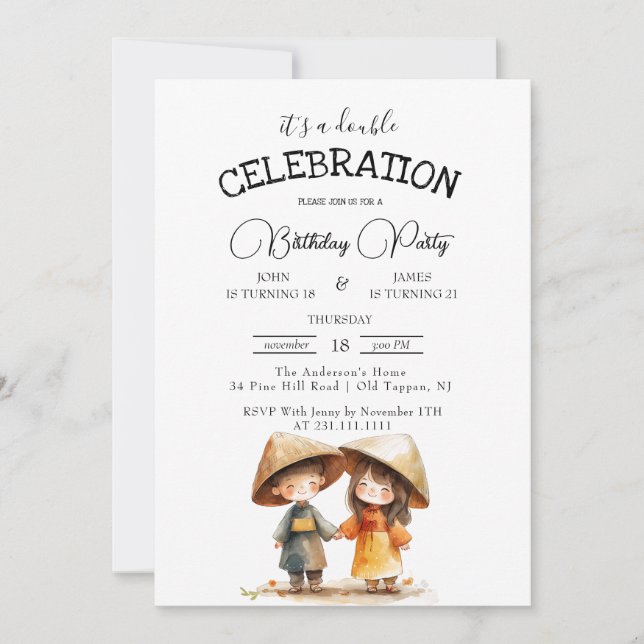 Convites Duas Crianças Oriental Festa de aniversário Dupla  (Frente)