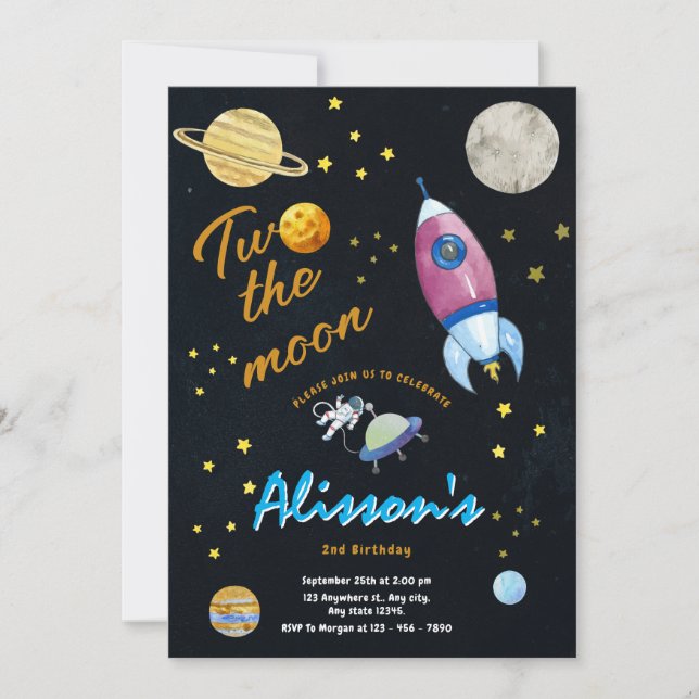 Convites Duas da Lua Aniversário da Aquarela Espacial Exter (Frente)