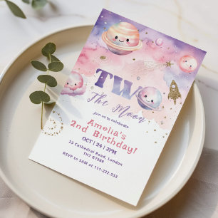 Convites Duas da Lua segundo aniversário rosa-menina do esp