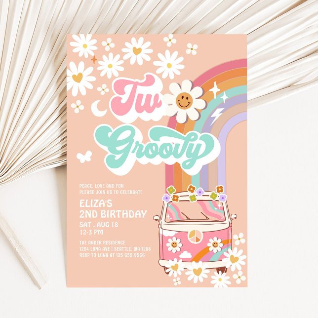 Convites Duas Daisy Rosa Groovy Van 2º Aniversário Arco-íri (Criador carregado)