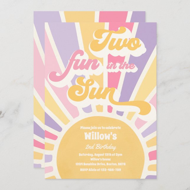 Convites Duas Diversão Em Raios Rosa-Rosa De segundo aniver (Frente/Verso)