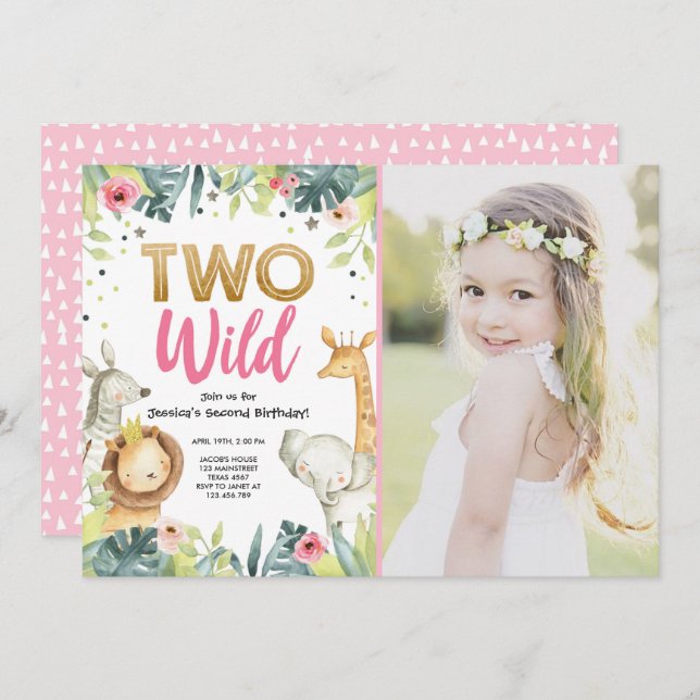 Convites Duas Douradas Festas de aniversário Selvagens Safa (Frente/Verso)