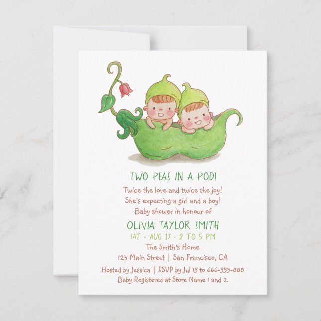 Convites Duas ervilhas em uma aguarela do chá de fraldas do (Frente)