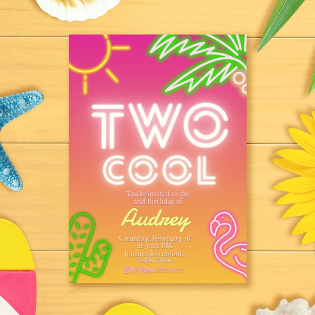 Convites Duas Festa de Pool Tropical Rosa Neon Legal (Two Cool Tropical Pink Neon Pool Party Invitation)