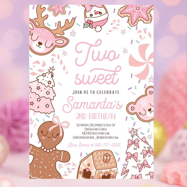 Convites Duas Festas de segundo aniversário de Biscoito de  (Two Sweet girl Christmas cookie second birthday party invitation with gingerbread, holiday cookies, )