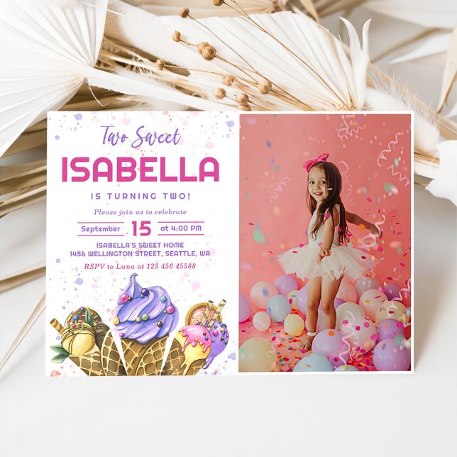 Convites Duas Fotografias de segundo aniversário de Sorvete (Criador carregado)