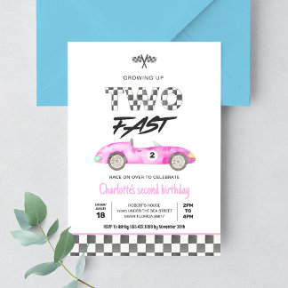 Convites Duas Garotas Rápidas Carro de Corrida Rosa Vintage