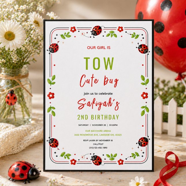 Convites Duas Joaninhas Fofas Festa de 2º Aniversário para  (Two Cute Ladybug 2nd Birthday Party for Kids Invitation
)