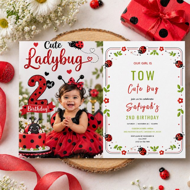 Convites Duas Joaninhas Fofas Festa de 2º Aniversário para  (Two Cute Ladybug 2nd Birthday Party for Kids Invitation
)