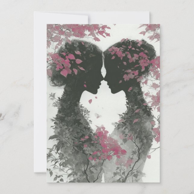 Convites Duas Noivas Desenhadas à Mão a Lápis Rosa Preto (Frente)