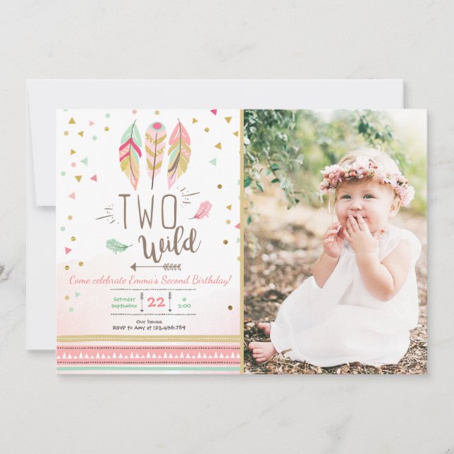 Convites Duas Penas de segundo Dourado Rosa, de Boho, (Frente)