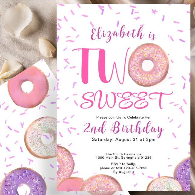 Convites Duas Rosquinhas cor-de-rosa com segundo aniversári (Criador carregado)