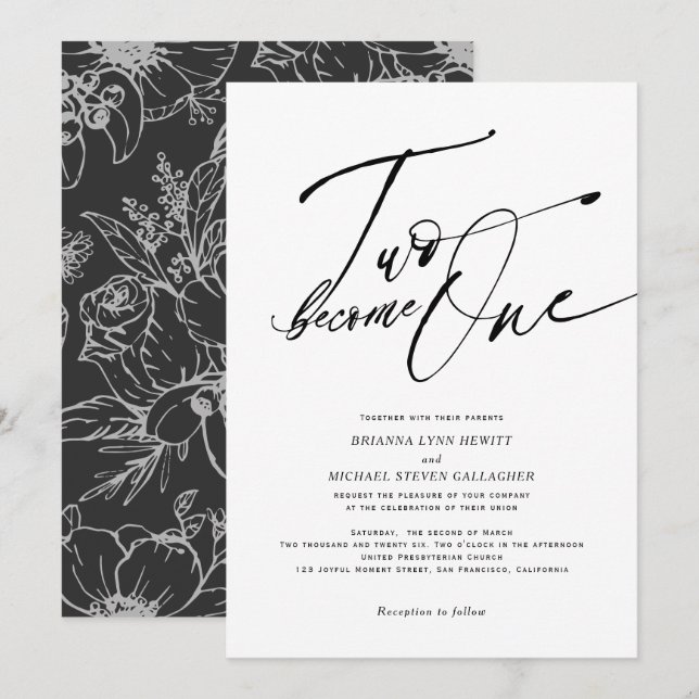 Convites Duas se tornam Uma Caligrafia Moderna preto e bran (Frente/Verso)