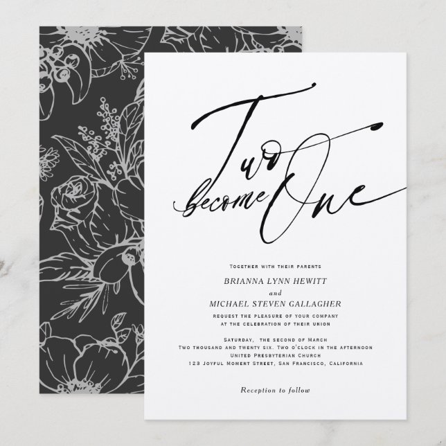 Convites Duas se tornam Uma Caligrafia Moderna preto e bran (Frente/Verso)