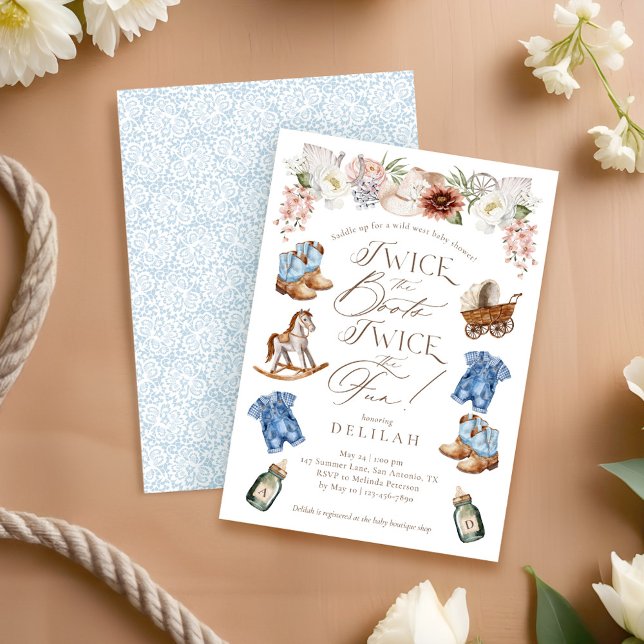 Convites Duas vezes o Chá de fraldas Boots Twin Boys Wester (Twice the Boots Twin Boys Western Baby Shower Invitation)
