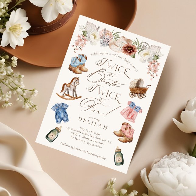 Convites Duas vezes o Chá de fraldas do Boots Twin Girl Boy (Twice the Boots Twin Girl Boy Western Baby Shower Invitation)