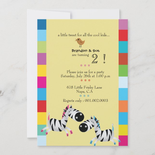Convites Duas zebras - a festa de aniversário dos gêmeos do (Frente)