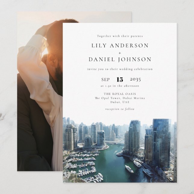 Convites Dubai Skyline Destination Photo Wedding (Frente/Verso)
